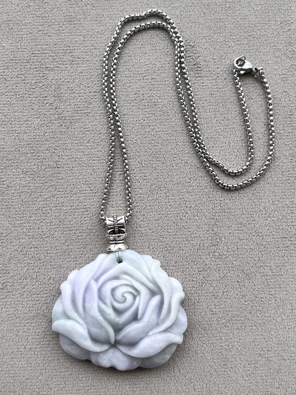 Large Grade A Lavender Green White Jadeite Jade Rose Pendant Necklace